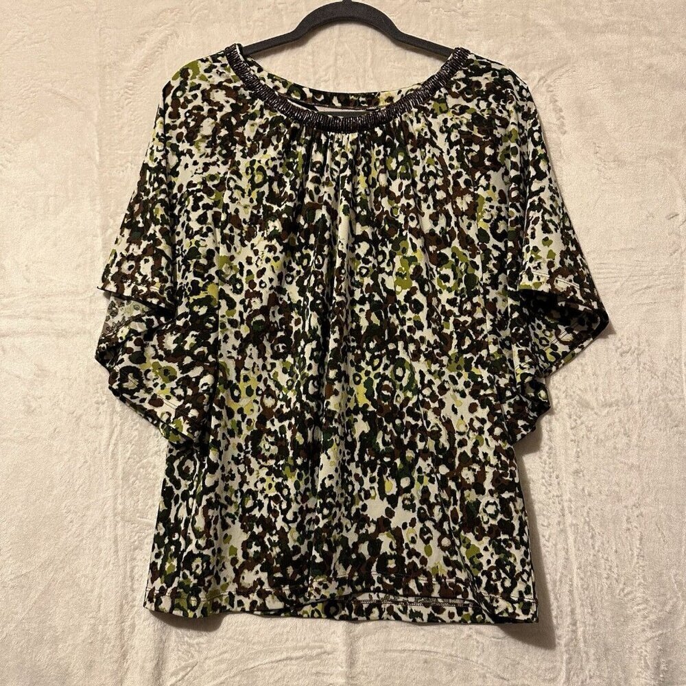 Laura‎ Ashley Blouse Womens Sz M Brown Green Floral Flared Sleeve Stretch Beaded